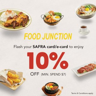 Calling all SAFRA members! We have some great deals for you! 

Get a 10% discount when you spend a minimum of $7 by simply flashing your SAFRA card/e-card upon ordering. This deal available across all Food Junction outlets, so head down to your nearest outlet with your loved ones now! 

* Valid daily (except Public Holidays and Eve of Public Holidays) till 30 June 2023 only. T&Cs apply. 

#foodjunctionsg #eatwhatyouwant