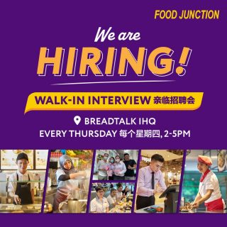 Wonder what’s it like managing a food court, being a cashier or even a cook? If yes, look no further cos WE ARE HIRING!

If you are looking for a job that is dynamic and exciting which also offers attractive staff benefits, this is the right place for you. We have various full-time and part-time positions available so come join the Food Junction family!

Swipe left to find out more 👀

Date: Every Thursday
Time: 2pm to 5pm
Location: BreadTalk IHQ

Mark your calendars now!

#foodjunctionsg