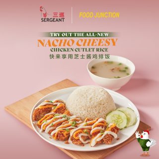Our very own Sergeant Chicken Rice has a new item added till 31 Dec 2022! Cheese lovers are in for a treat with the all new Nacho Cheesy Chicken Cutlet Rice. Golden brown chicken cutlet fried to the right crispiness topped with topped with luscious cheese. Only at $6.00, hurry come try it now! 

* Only available at Food Junction Rivervale Mall

#foodjunctionsg #eatwhatyouwant