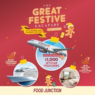 Ginger bells~ Ginger bells~ Ginger all the way~ 🔔

It’s the time of the year again 🎄 Win big this festive season with attractive prizes such as Jetstar flight vouchers, Royal Caribbean cruise vouchers, 2D1N staycation packages at Carlton Hotel, Food Junction vouchers and more prizes up for grabs! 

Grab one of the Great Festive Escapade game cards at any outlet:
Step 1: Spend a min. of $8 in a single receipt + purchase any drink item from the Drinks stall to receive a sticker
Step 2: Paste the sticker onto the matching coloured cuisine group on your game card
Step 3: Complete 1 full cuisine group to qualify
Step 4: Fill in your particulars and drop your completed game card into the lucky draw box located at the Drinks stall

You could be one of 3 winners to walk away with the grand prize of $1,000 Jetstar vouchers each, or other great vacation treats! 

*Only valid from 1 to 31 December 2022
*Game cards and game stickers while stocks last
*Full terms and conditions apply

#foodjunctionsg #thegreatfestiveescapade