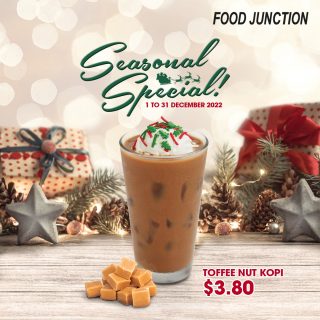 This Christmas, have a taste of our traditional local Kopi with a blend of sweet toffee nuts! 

Available only till 31 Dec, try our all new seasonal special Toffee Nut Kopi at only $3.80 across all Food Junction outlets. 

#foodjunctionsg #thegreatfestiveescapade