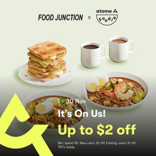 <PROMO EXTENDED> Our promo with @atome.sg is extended! This month, simply spend a minimum of $5 in a single transaction with Atome to enjoy up to $2 off.

* Only available at Food Junction Drinks, Juice, Dessert Stall and Toast Junction
* Terms and conditions apply

#foodjunctionsg #eatwhatyouwant #atomesg
